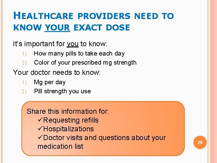 HEALTHCARE PROVIDERS NEED TO KNOW YOUR EXACT DOSE It’s important for you to know: HEALTHCARE PROVIDERS NEED TO KNOW YOUR EXACT DOSE It’s important for you to know: