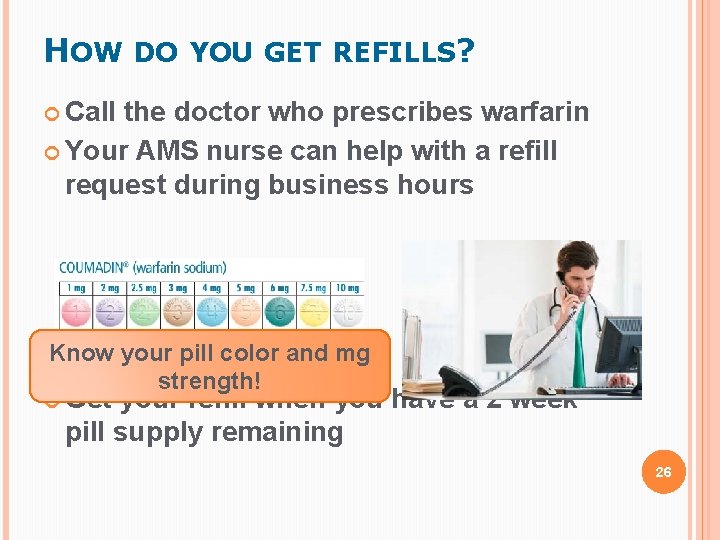 HOW DO YOU GET REFILLS? Call the doctor who prescribes warfarin Your AMS nurse HOW DO YOU GET REFILLS? Call the doctor who prescribes warfarin Your AMS nurse