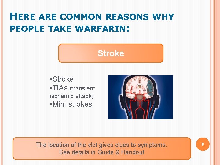 HERE ARE COMMON REASONS WHY PEOPLE TAKE WARFARIN: Stroke • TIAs (transient ischemic attack) HERE ARE COMMON REASONS WHY PEOPLE TAKE WARFARIN: Stroke • TIAs (transient ischemic attack)