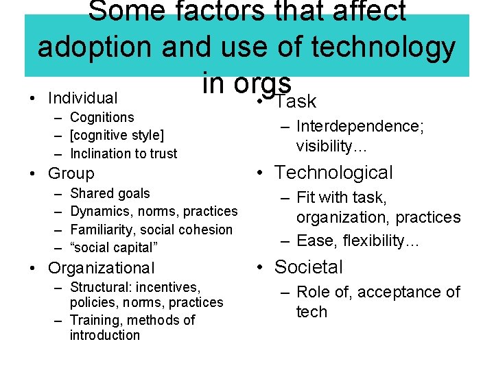 Some factors that affect adoption and use of technology in orgs • Individual • Some factors that affect adoption and use of technology in orgs • Individual •
