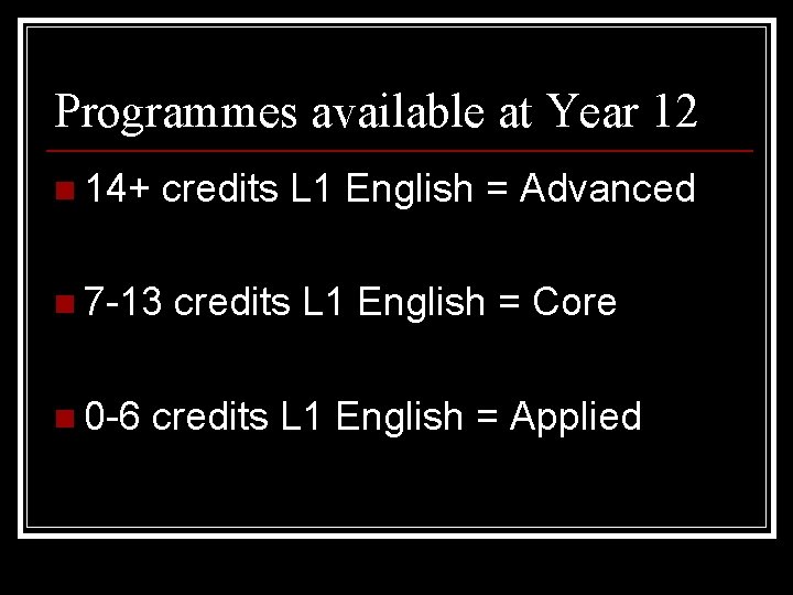 Programmes available at Year 12 n 14+ credits L 1 English = Advanced n