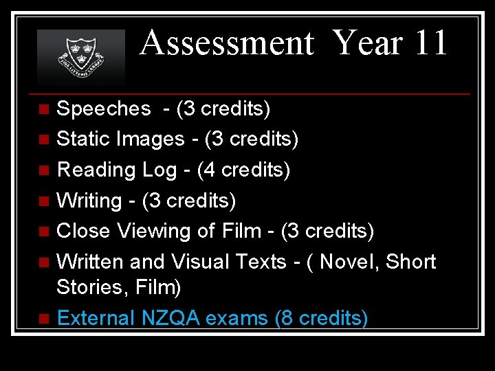 Assessment Year 11 Speeches - (3 credits) n Static Images - (3 credits) n