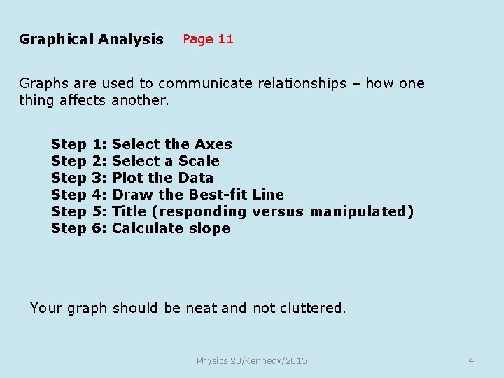 Graphical Analysis Page 11 Graphs are used to communicate relationships – how one thing