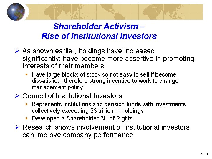 Shareholder Activism – Rise of Institutional Investors Ø As shown earlier, holdings have increased