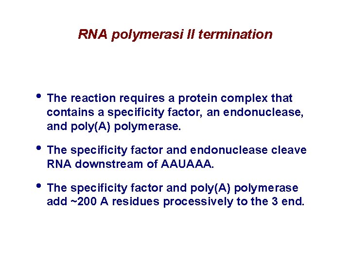 RNA polymerasi II termination • The reaction requires a protein complex that contains a RNA polymerasi II termination • The reaction requires a protein complex that contains a