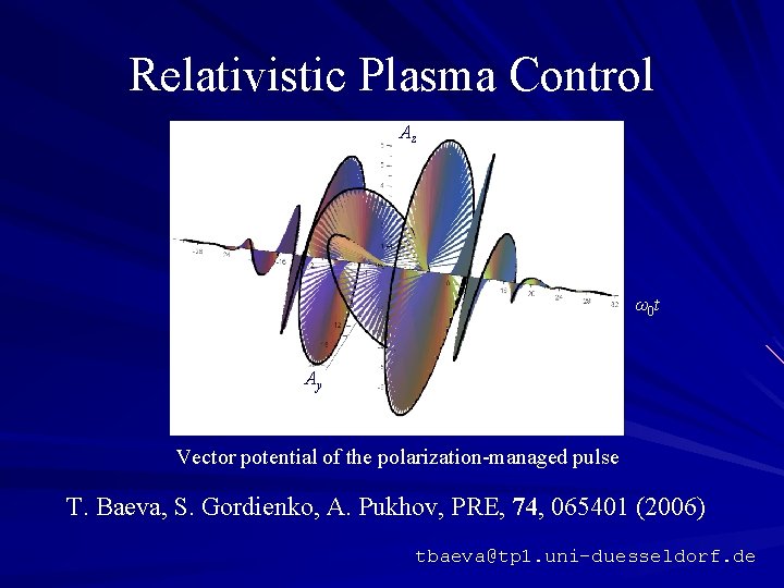 Relativistic Plasma Control Az ω0 t Ay Vector potential of the polarization-managed pulse T.