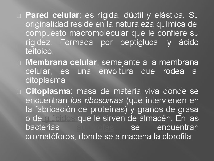 � � � Pared celular: es rígida, dúctil y elástica. Su originalidad reside en