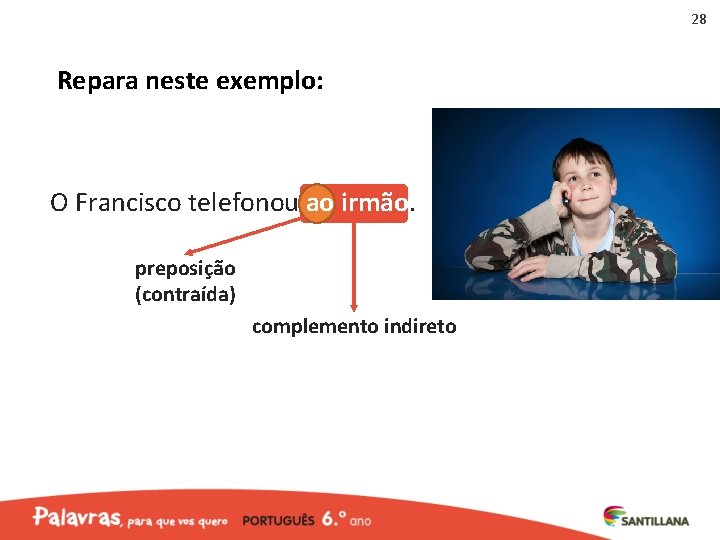 28 Repara neste exemplo: O Francisco telefonou ao irmão. preposição (contraída) complemento indireto 