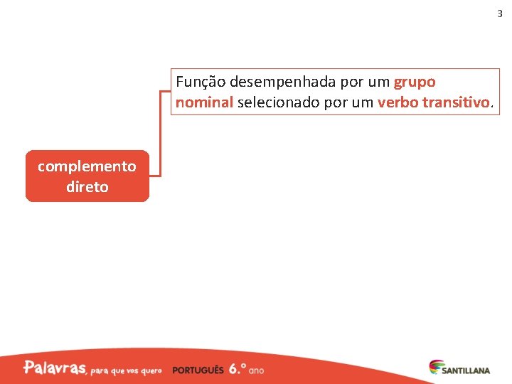 3 Função desempenhada por um grupo nominal selecionado por um verbo transitivo. complemento direto