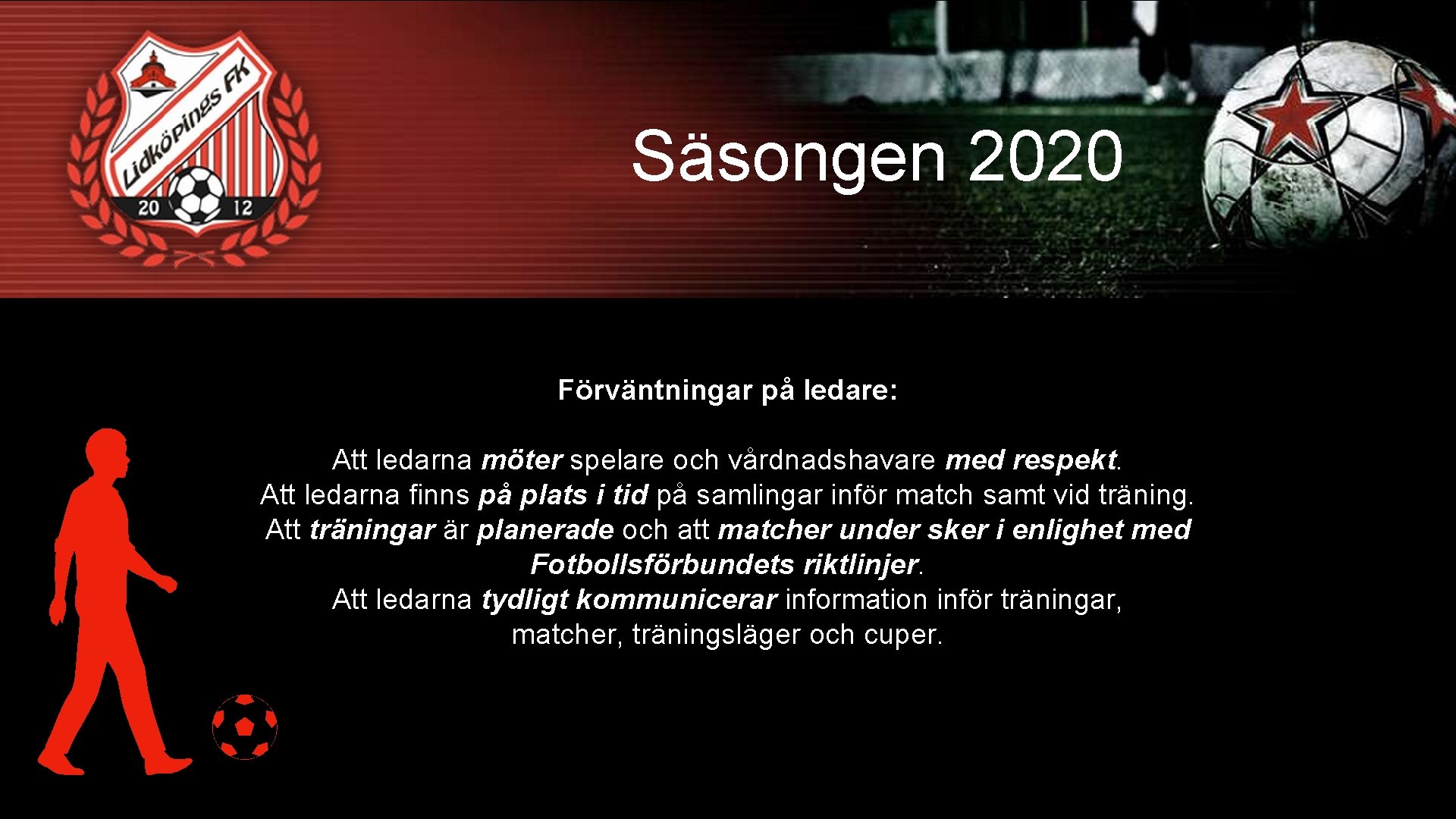 Säsongen 2020 Förväntningar på ledare: Att ledarna möter spelare och vårdnadshavare med respekt. Att