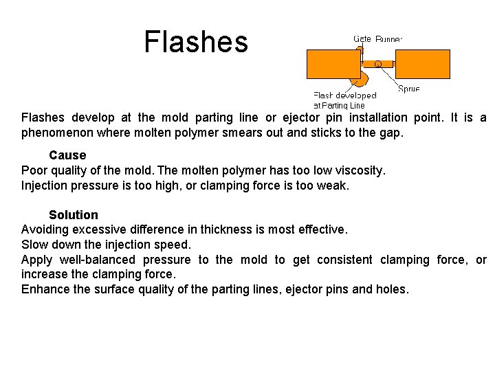 Flashes develop at the mold parting line or ejector pin installation point. It is