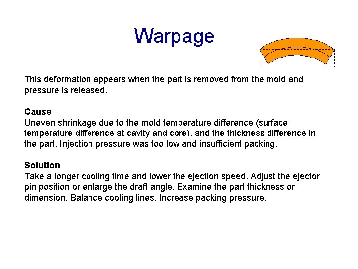 Warpage This deformation appears when the part is removed from the mold and pressure