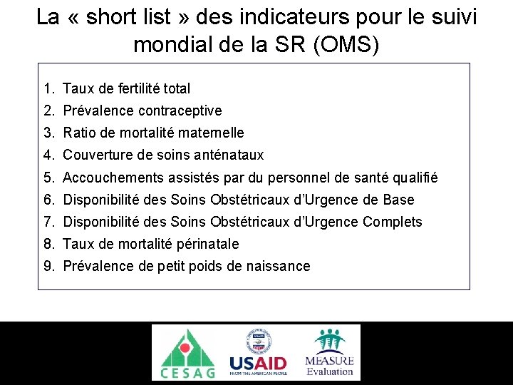 La « short list » des indicateurs pour le suivi mondial de la SR