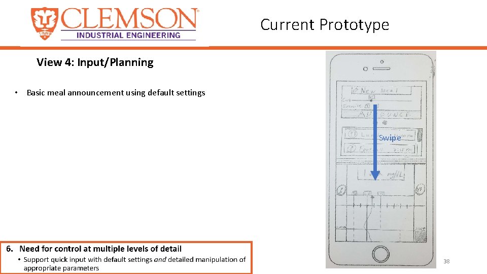 Current Prototype View 4: Input/Planning • Basic meal announcement using default settings Swipe 38