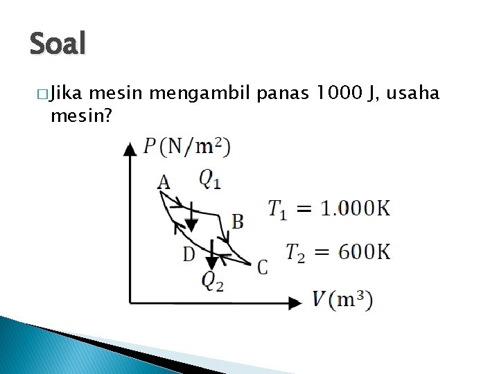 Soal � Jika mesin mengambil panas 1000 J, usaha mesin? 