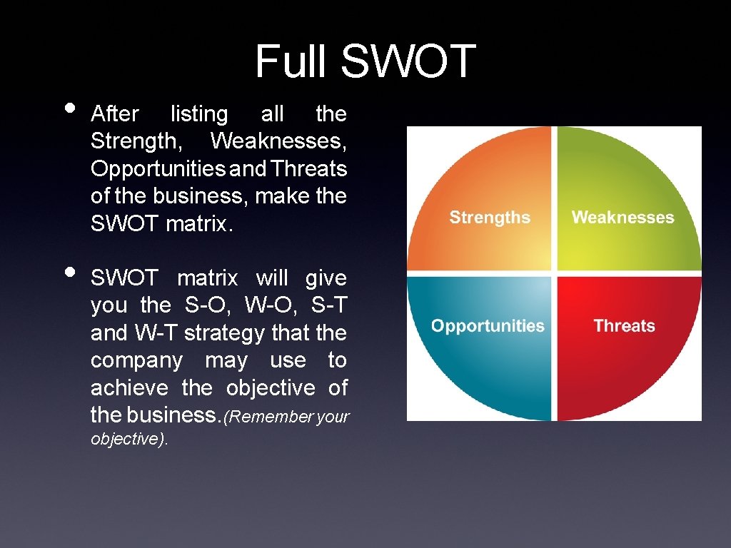  • • Full SWOT After listing all the Strength, Weaknesses, Opportunities and Threats