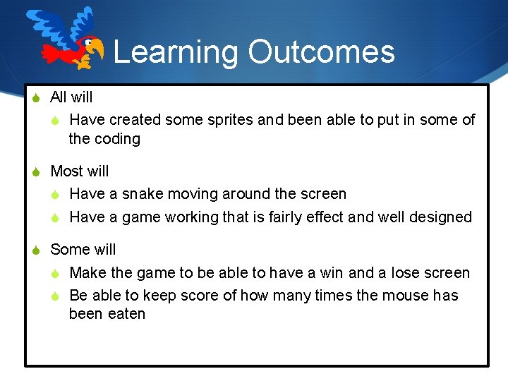 Learning Outcomes S All will S Have created some sprites and been able to