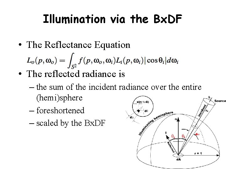 Illumination via the Bx. DF • The Reflectance Equation • The reflected radiance is