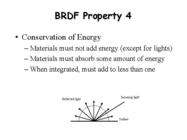 BRDF Property 4 • Conservation of Energy – Materials must not add energy (except