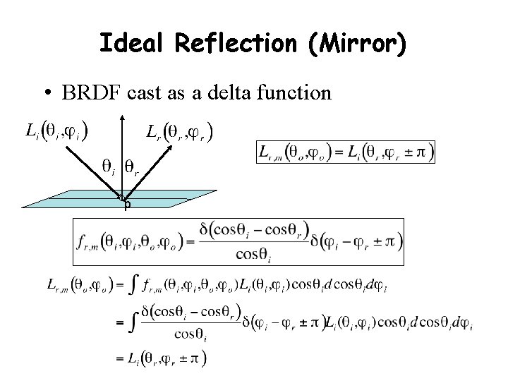 Ideal Reflection (Mirror) • BRDF cast as a delta function p 
