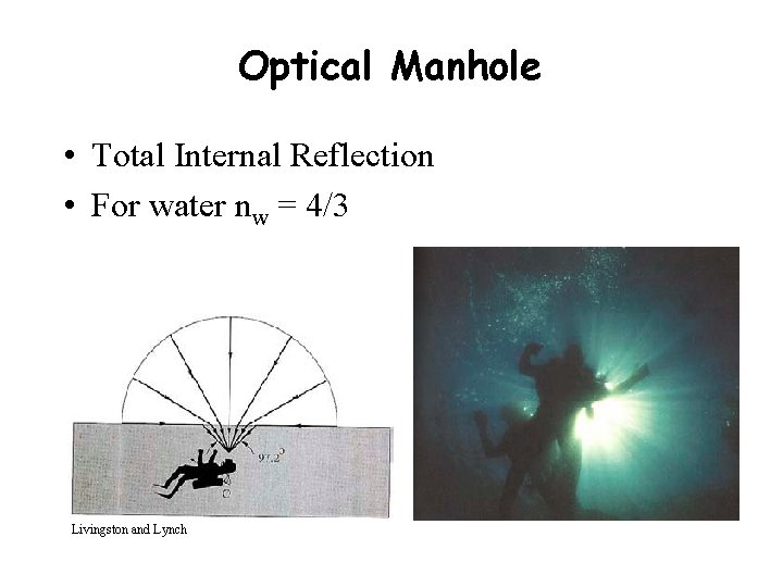 Optical Manhole • Total Internal Reflection • For water nw = 4/3 Livingston and