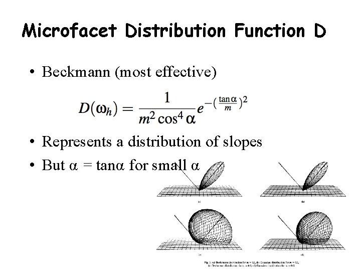Microfacet Distribution Function D • Beckmann (most effective) • Represents a distribution of slopes