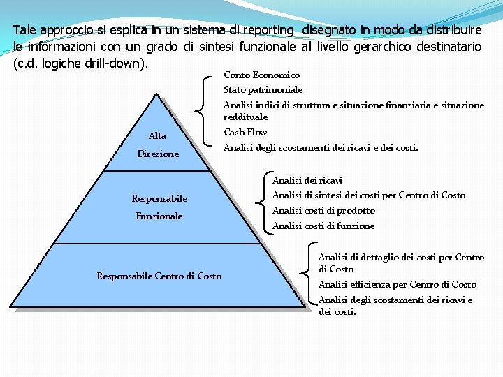 Tale approccio si esplica in un sistema di reporting disegnato in modo da distribuire