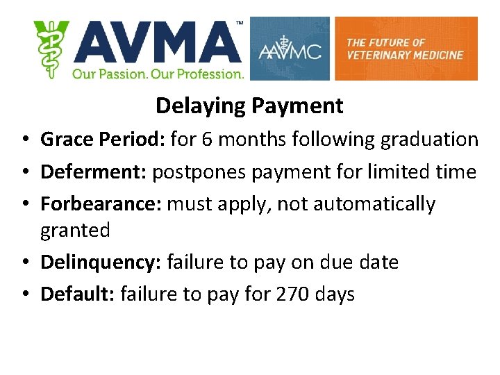 Delaying Payment • Grace Period: for 6 months following graduation • Deferment: postpones payment