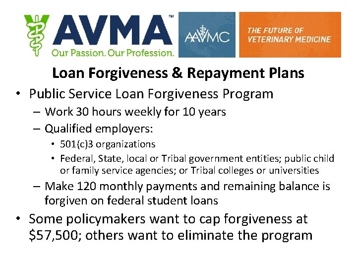 Loan Forgiveness & Repayment Plans • Public Service Loan Forgiveness Program – Work 30