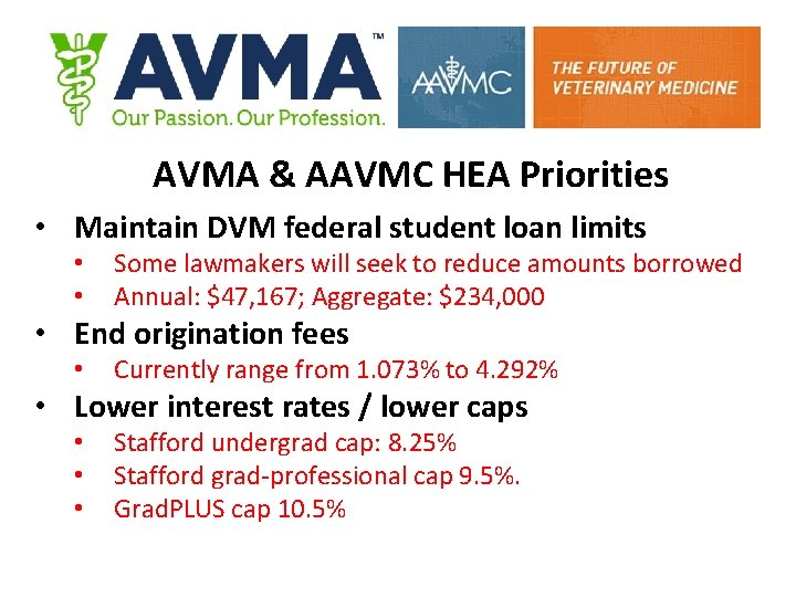 AVMA & AAVMC HEA Priorities • Maintain DVM federal student loan limits • •
