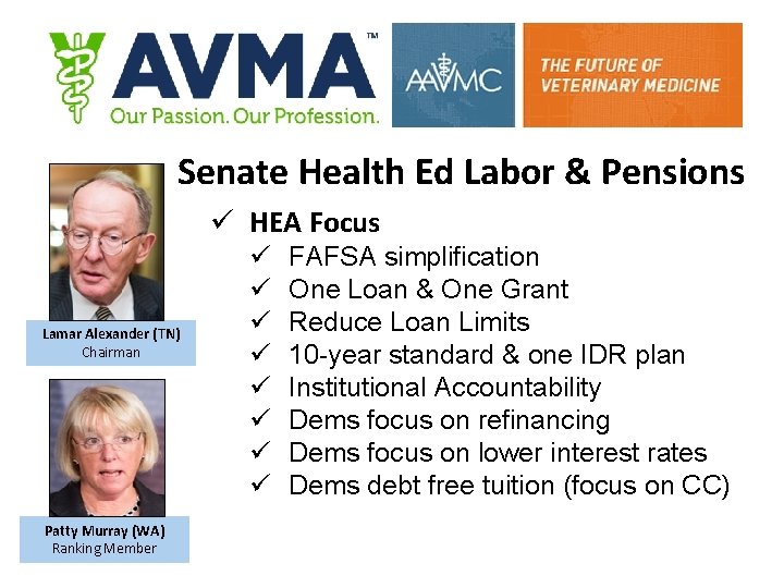 Senate Health Ed Labor & Pensions ü HEA Focus Lamar Alexander (TN) Chairman Patty