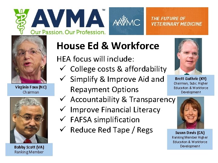 House Ed & Workforce Virginia Foxx (NC) Chairman Bobby Scott (VA) Ranking Member HEA
