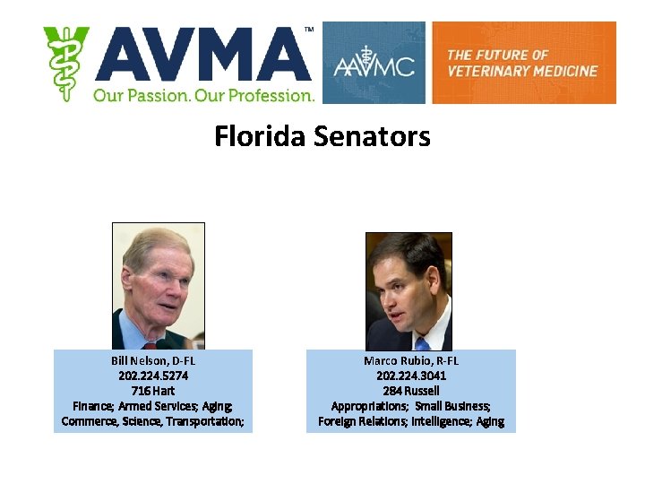 Florida Senators Bill Nelson, D-FL 202. 224. 5274 716 Hart Finance; Armed Services; Aging;