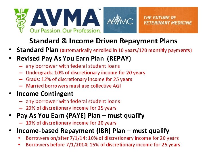 Standard & Income Driven Repayment Plans • Standard Plan (automatically enrolled in 10 years/120