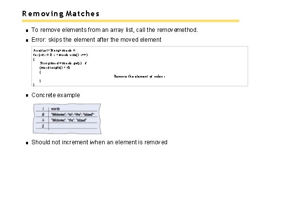 Removing Matches To remove elements from an array list, call the removemethod. Error: skips