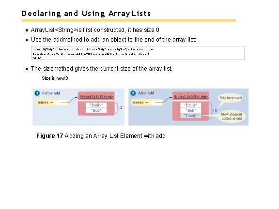 Declaring and Using Array Lists Array. List<String>is first constructed, it has size 0 Use