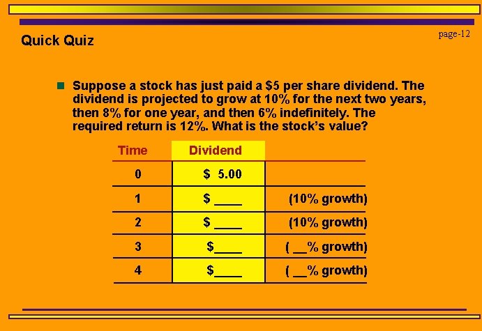 page-12 Quick Quiz n Suppose a stock has just paid a $5 per share