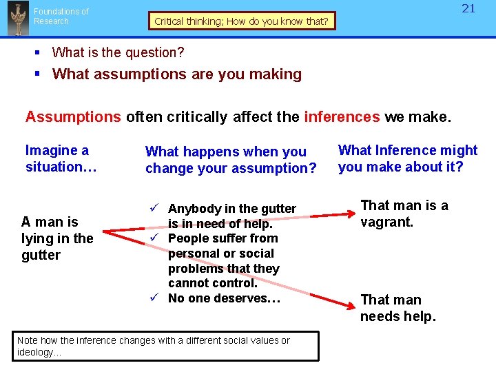 Foundations of Research 21 Critical thinking; How do you know that? § What is