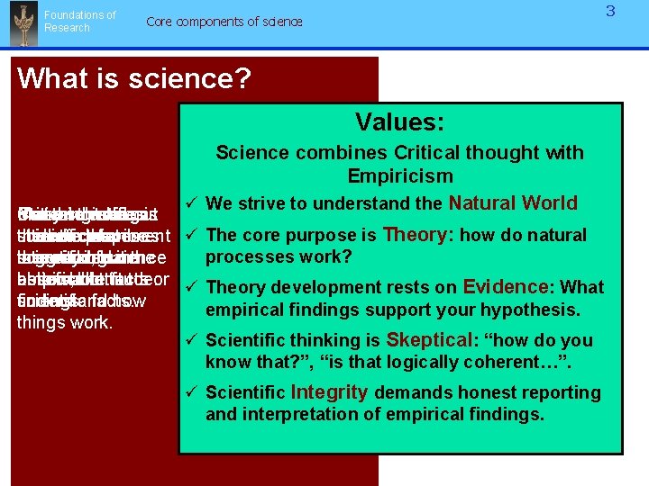 Foundations of Research 3 Core components of science What is science? Values: Science combines