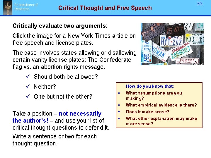 Foundations of Research Critical Thought and Free Speech 35 Critically evaluate two arguments: Click