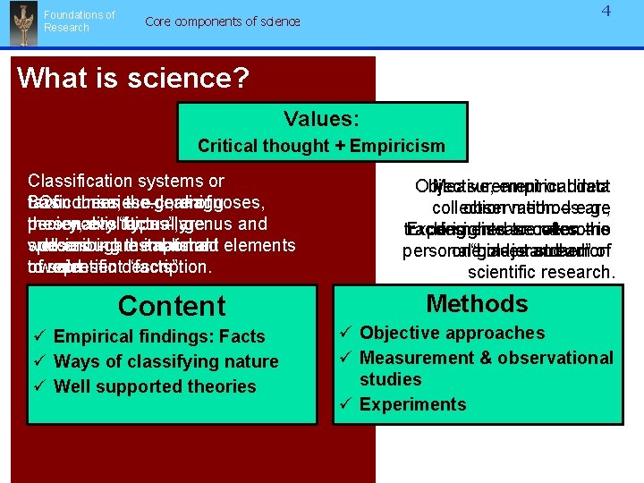 Foundations of Research 4 Core components of science What is science? Values: Critical thought