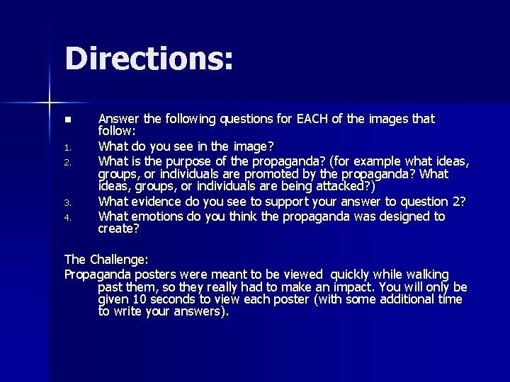 Directions: n 1. 2. 3. 4. Answer the following questions for EACH of the