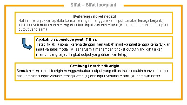 Sifat – Sifat Isoquant Berlereng (slope) negatif Hal ini menunjukkan apabila konsumen ingin menggunakan
