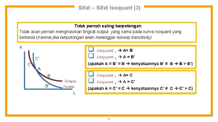 Sifat – Sifat Isoquant (3) Tidak pernah saling berpotongan Tidak akan pernah menghasilkan tingkat