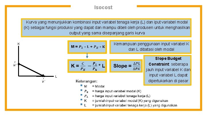 Isocost Kurva yang menunjukkan kombinasi input variabel tenaga kerja (L) dan iput variabel modal