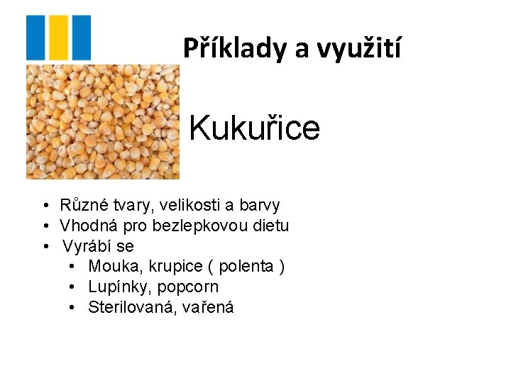 Příklady a využití Kukuřice • Různé tvary, velikosti a barvy • Vhodná pro bezlepkovou