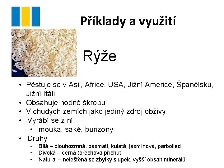 Příklady a využití Rýže • Pěstuje se v Asii, Africe, USA, Jižní Americe, Španělsku,