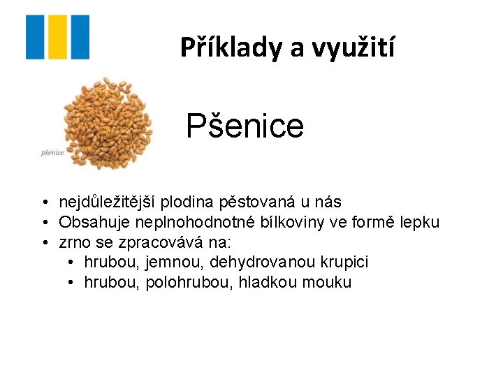 Příklady a využití Pšenice • nejdůležitější plodina pěstovaná u nás • Obsahuje neplnohodnotné bílkoviny