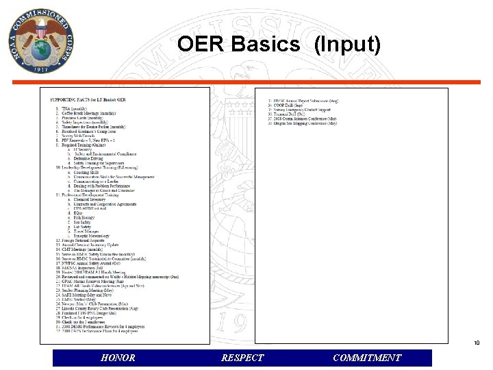 OER Basics (Input) 10 HONOR RESPECT COMMITMENT 