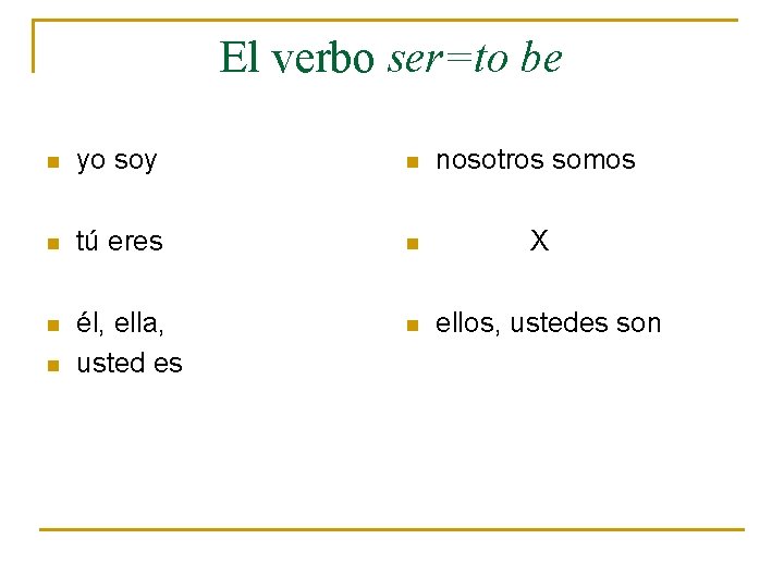 El verbo ser=to be n yo soy n nosotros somos n tú eres n